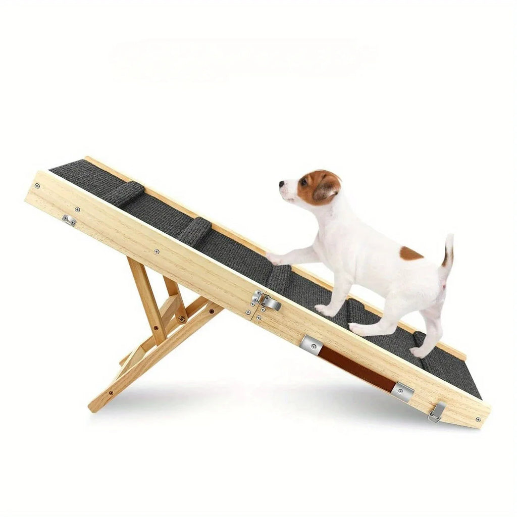 Adjustable wooden dog ladder bed ramp with non-slip patterned surface - Durable