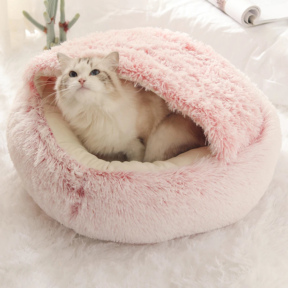 Round Fluffy Calming Dog Bed with Hooded Cover Warm Soft Plush Cozy Cat Cave