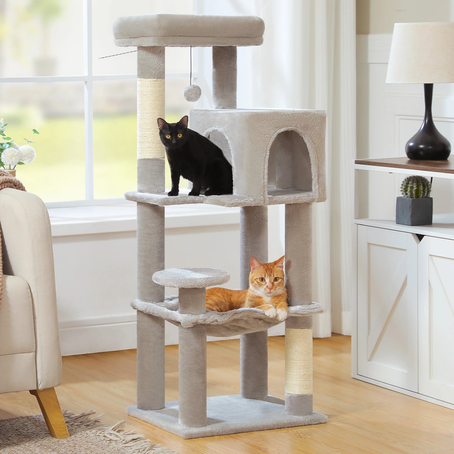 5-Level Cat Tree 113cm  with Top Perch,Soft Condo,Natural Sisal Scratching Post,Hammock