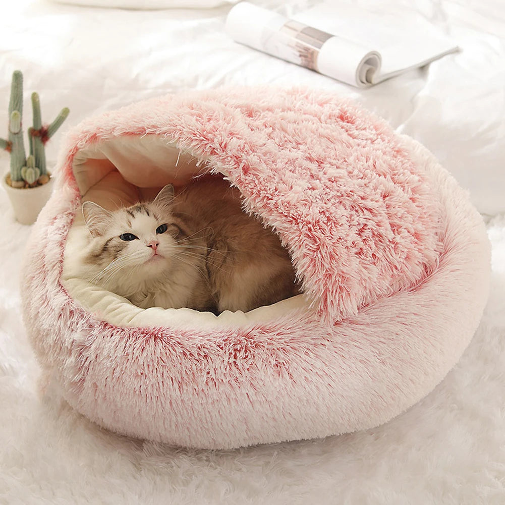 Round Fluffy Calming Dog Bed with Hooded Cover Warm Soft Plush Cozy Cat Cave