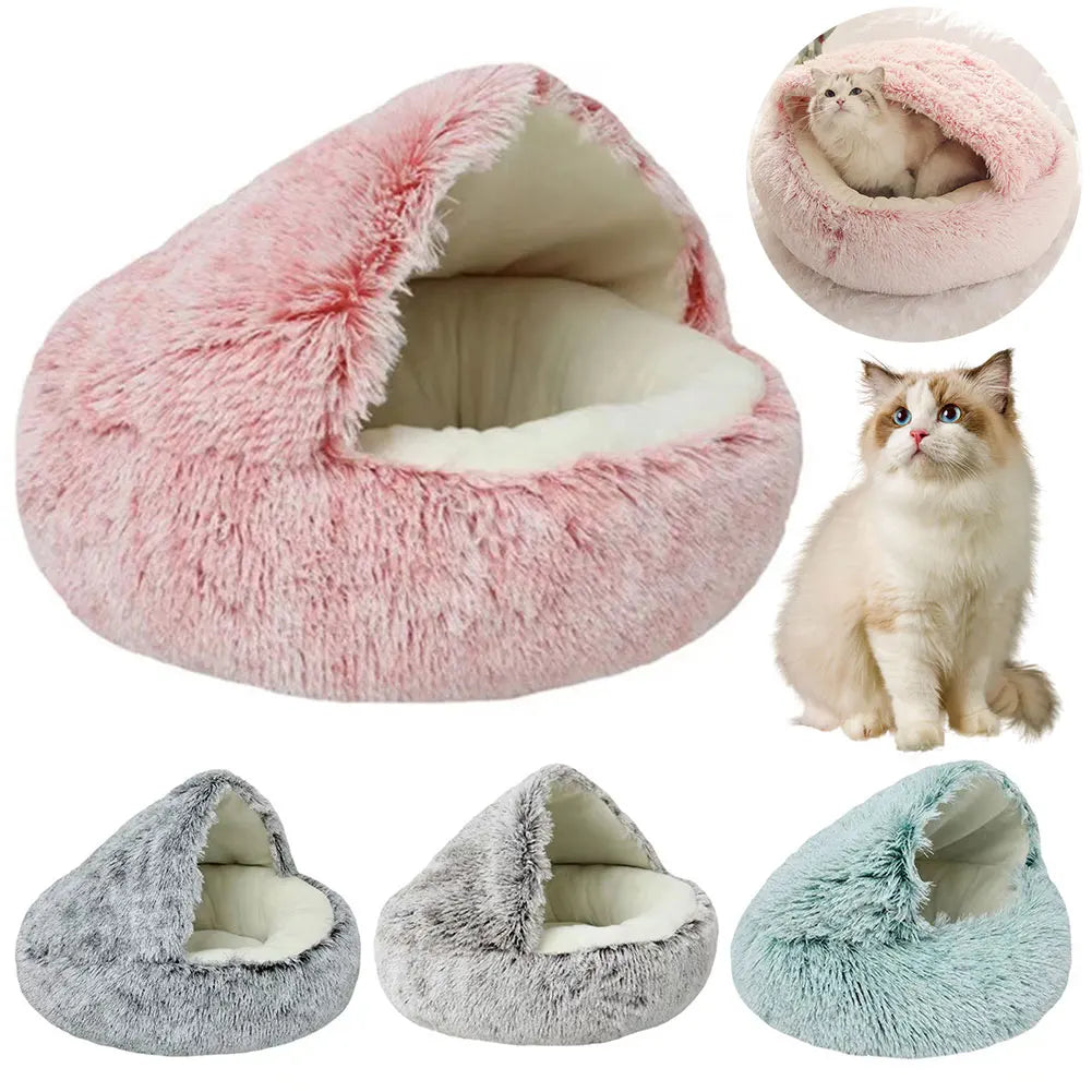 Round Fluffy Calming Dog Bed with Hooded Cover Warm Soft Plush Cozy Cat Cave