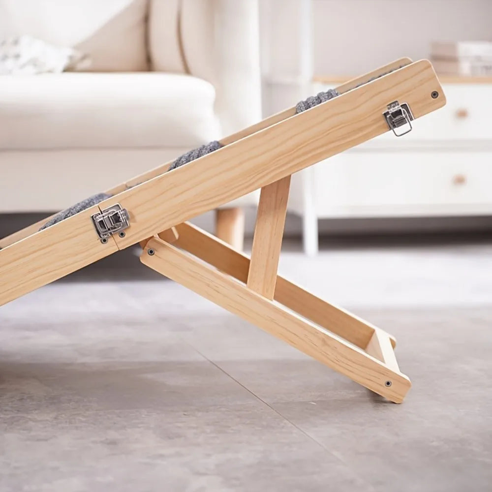 Adjustable wooden dog ladder bed ramp with non-slip patterned surface - Durable