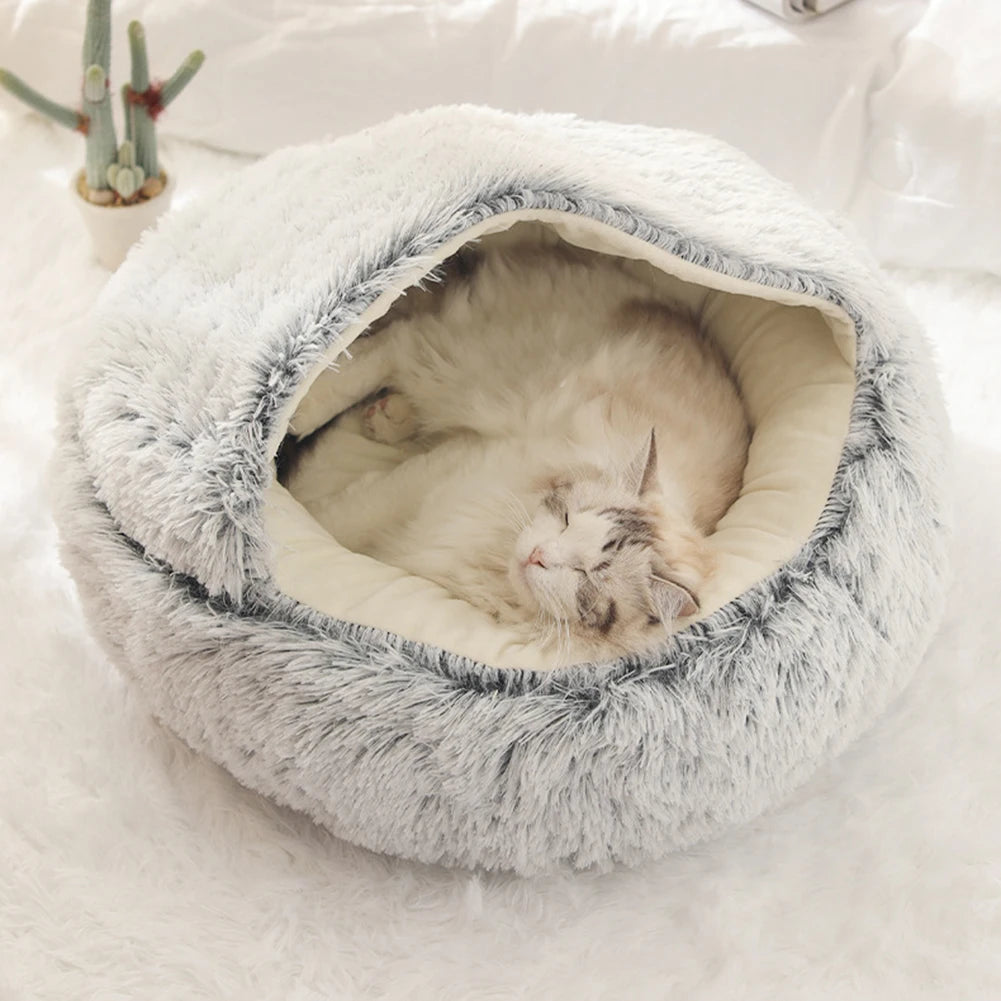 Round Fluffy Calming Dog Bed with Hooded Cover Warm Soft Plush Cozy Cat Cave