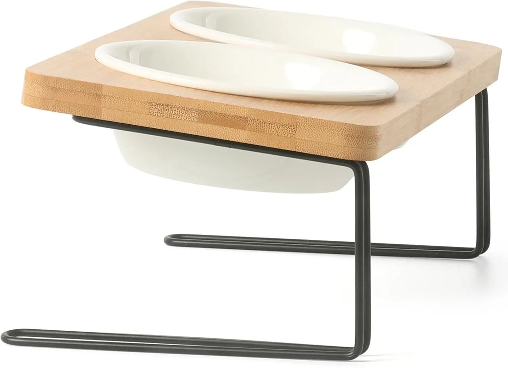 Elevated Cat Ceramic Bowls,15° Tilted Feeding Dishes, Solid Bamboo Water Stand