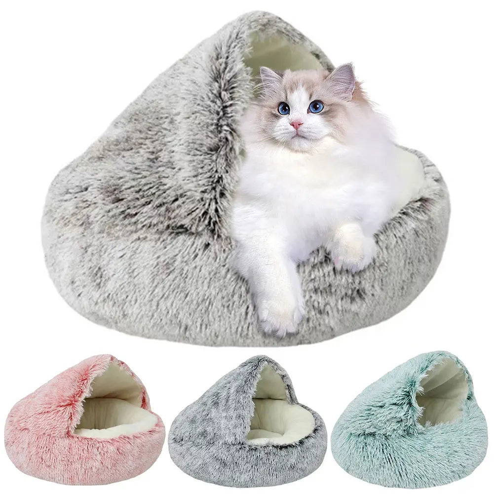 Round Fluffy Calming Dog Bed with Hooded Cover Warm Soft Plush Cozy Cat Cave