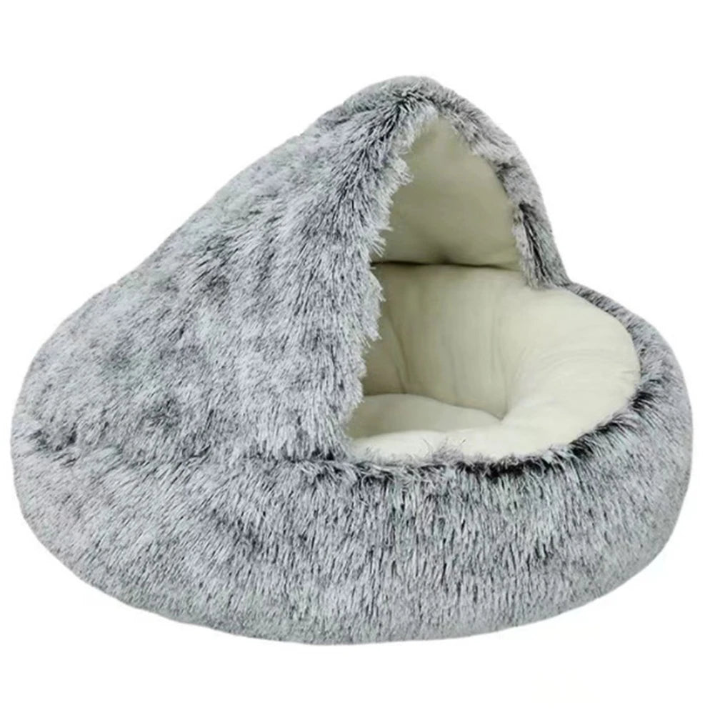 Round Fluffy Calming Dog Bed with Hooded Cover Warm Soft Plush Cozy Cat Cave