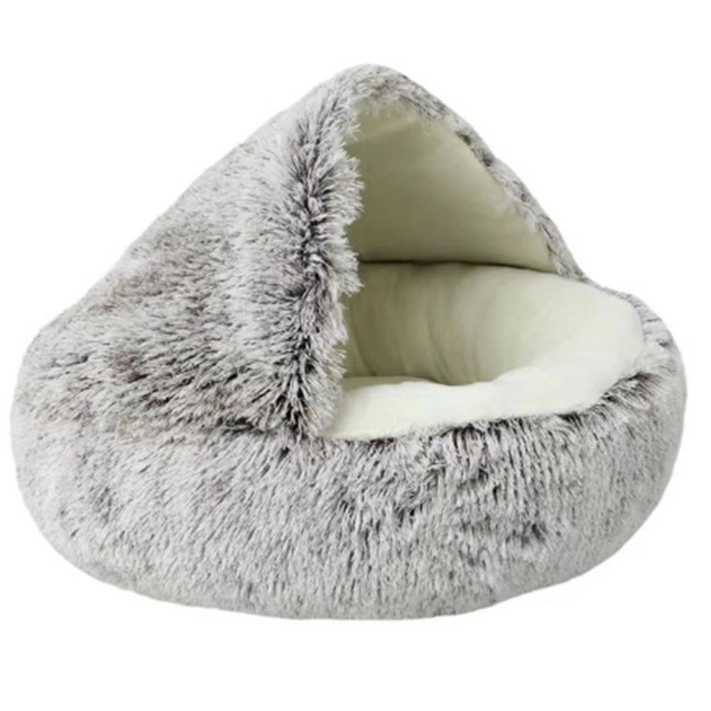 Round Fluffy Calming Dog Bed with Hooded Cover Warm Soft Plush Cozy Cat Cave
