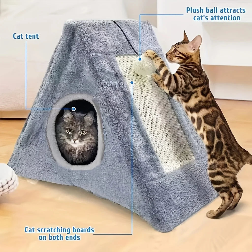 Cat bed suitable for under 15 pounds with plush toy ball cat scratching board