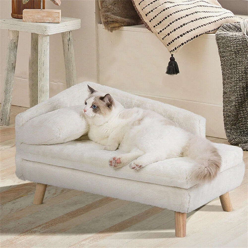 Luxury Elevated Dog Sofa Bed with Backrest Plush Cushion Wooden Legs