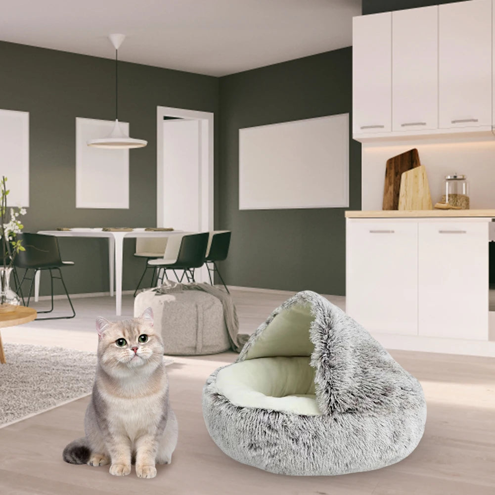 Round Fluffy Calming Dog Bed with Hooded Cover Warm Soft Plush Cozy Cat Cave