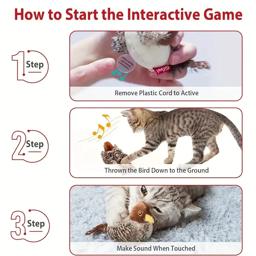Interactive Touch-Activated Flapping Bird Cat Toy  with Realistic Chirping Sound
