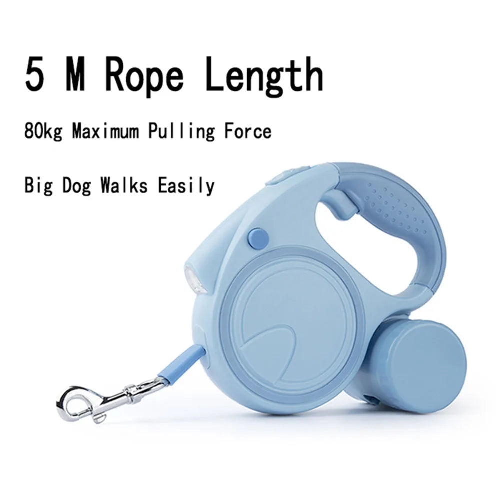 Dog Leash With Led Lights and Garbage Bag Retractable Nylon 5M Traction Rope Automatic Extension