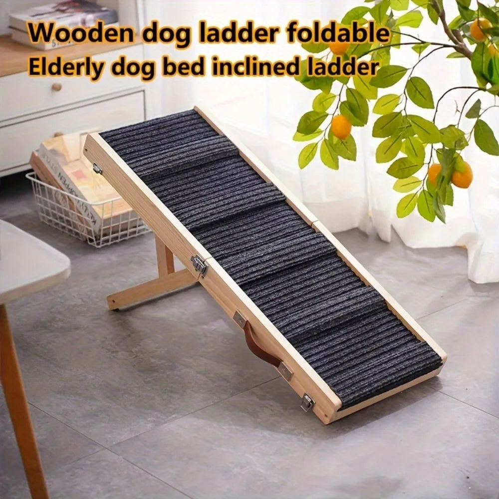 Adjustable wooden dog ladder bed ramp with non-slip patterned surface - Durable