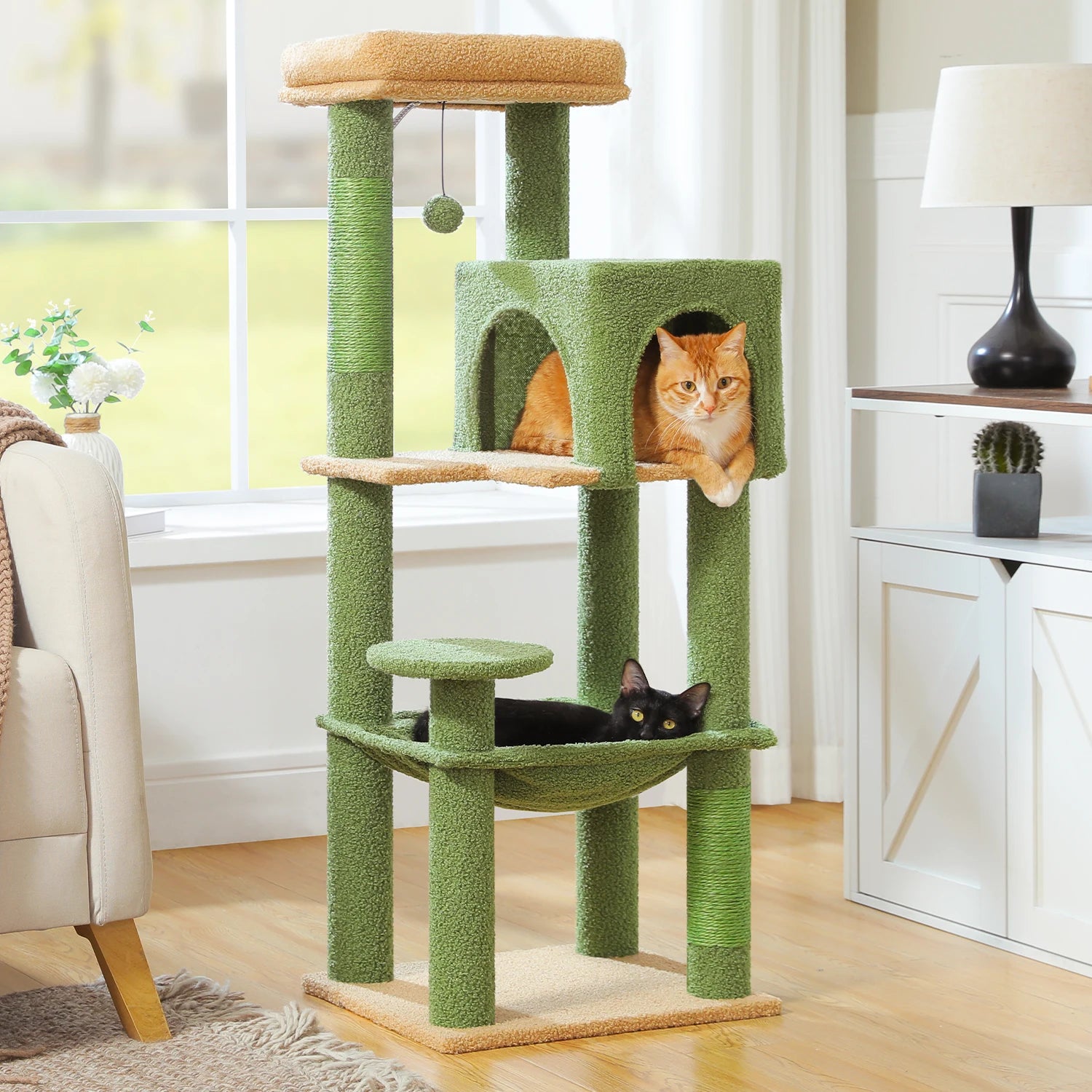 5-Level Cat Tree 113cm  with Top Perch,Soft Condo,Natural Sisal Scratching Post,Hammock