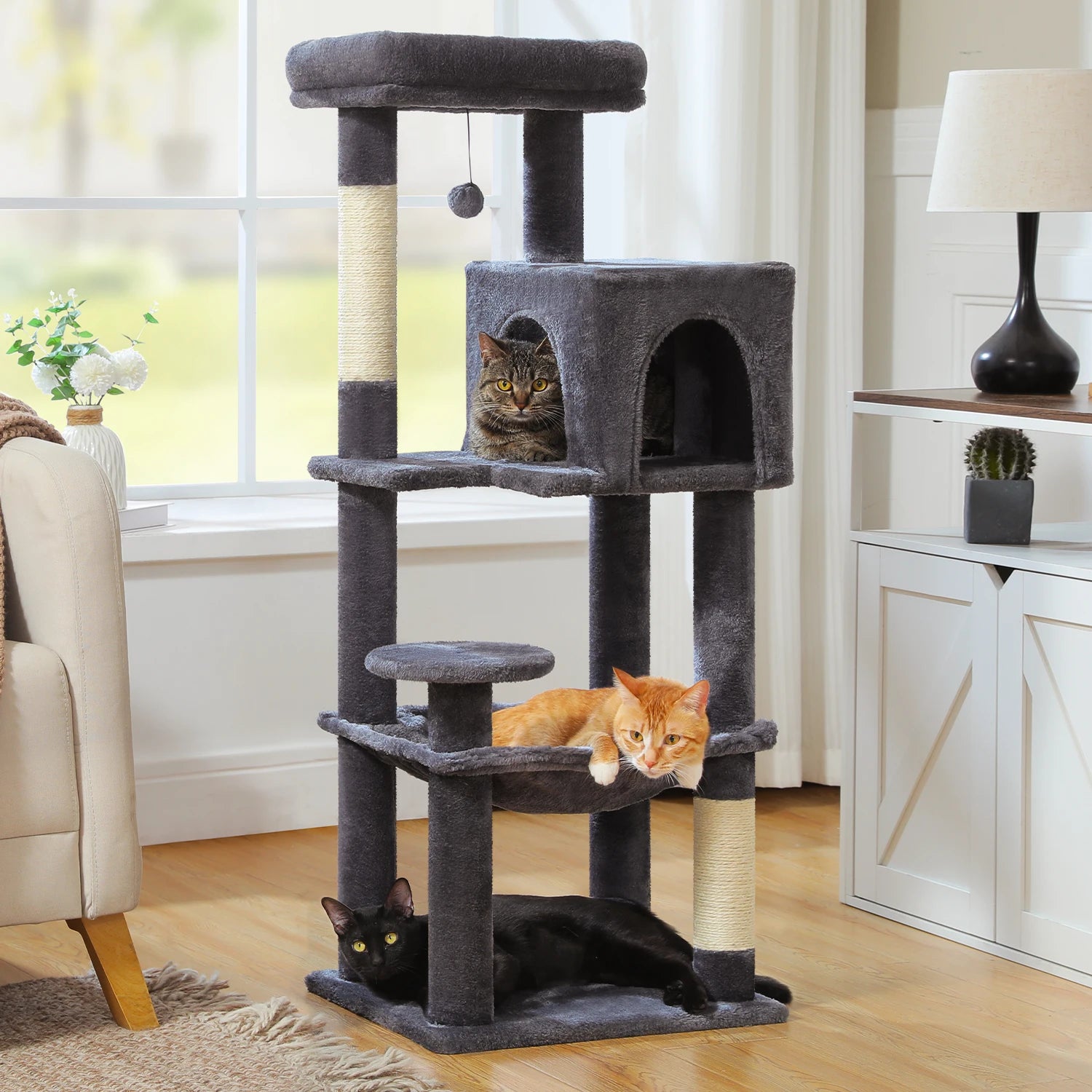 5-Level Cat Tree 113cm  with Top Perch,Soft Condo,Natural Sisal Scratching Post,Hammock