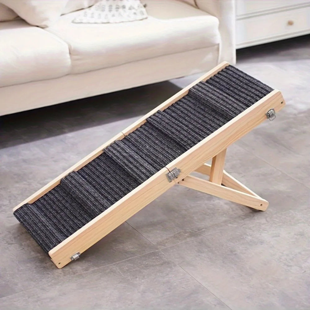 Adjustable wooden dog ladder bed ramp with non-slip patterned surface - Durable
