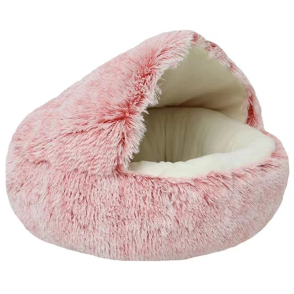 Round Fluffy Calming Dog Bed with Hooded Cover Warm Soft Plush Cozy Cat Cave