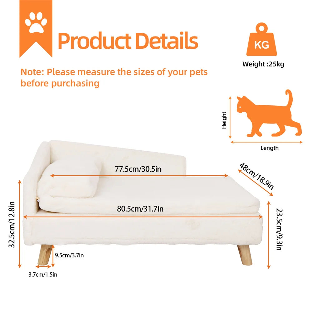 Luxury Elevated Dog Sofa Bed with Backrest Plush Cushion Wooden Legs