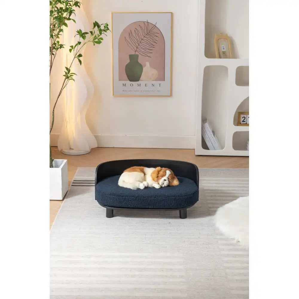 Elevated Dog Bed With Solid Wood legs and Bent Wood Back, Velvet Cushion, BLACK