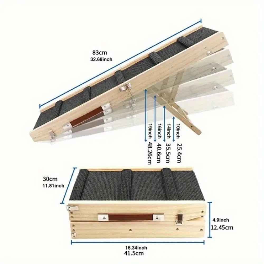 Adjustable wooden dog ladder bed ramp with non-slip patterned surface - Durable
