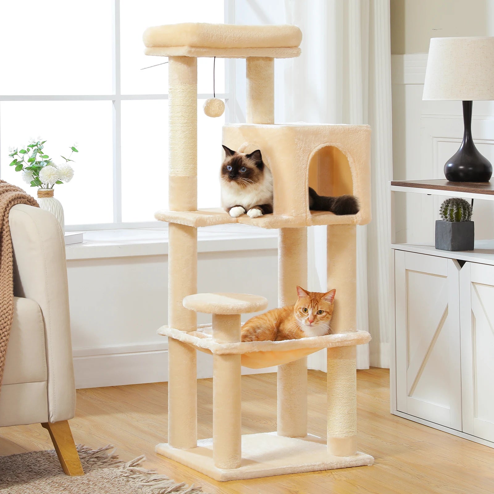 5-Level Cat Tree 113cm  with Top Perch,Soft Condo,Natural Sisal Scratching Post,Hammock