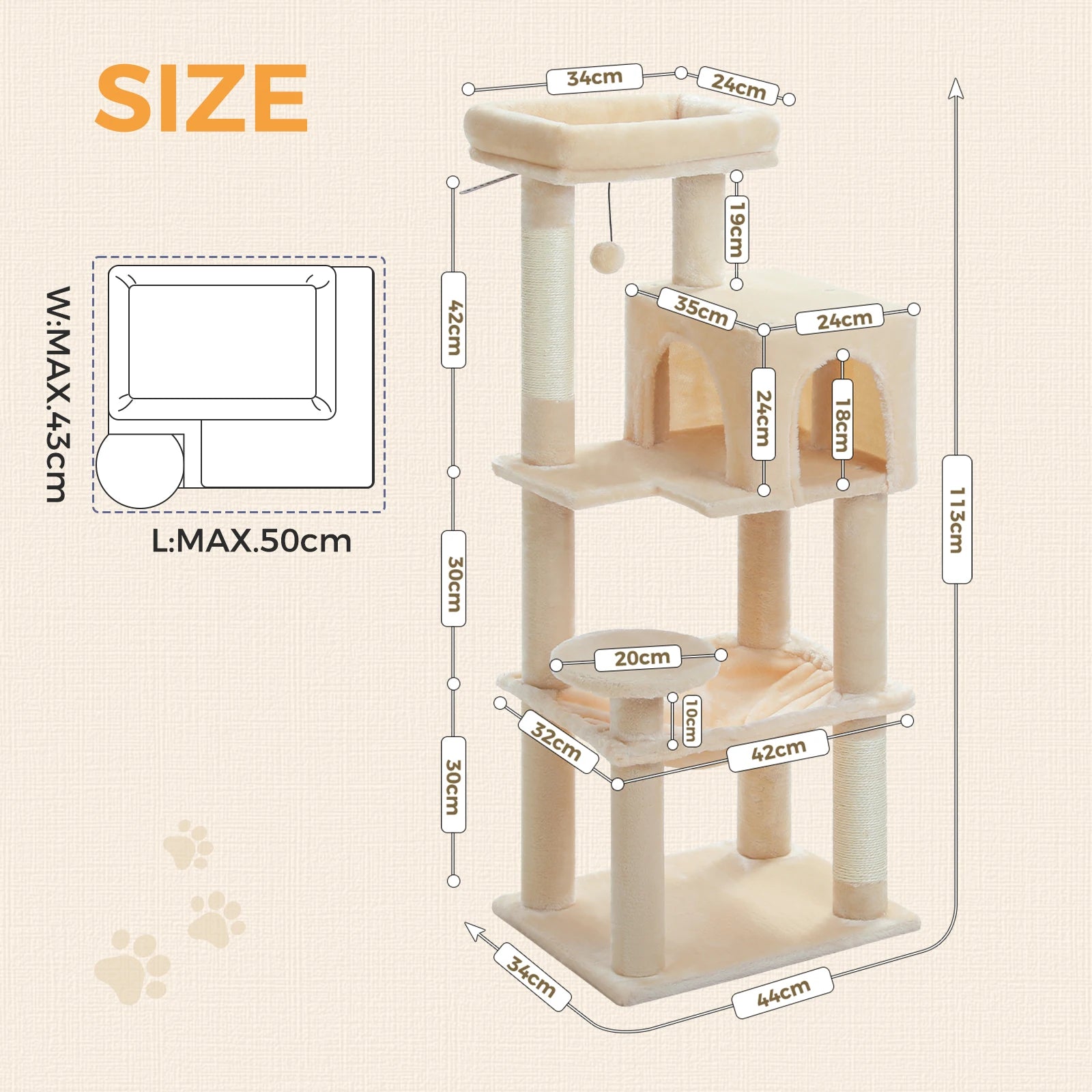 5-Level Cat Tree 113cm  with Top Perch,Soft Condo,Natural Sisal Scratching Post,Hammock