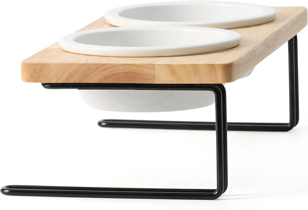 Elevated Cat Ceramic Bowls,15° Tilted Feeding Dishes, Solid Bamboo Water Stand