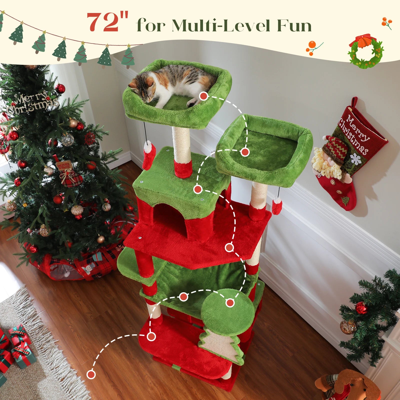 Christmas Cat Tree with Scratching Post Condo Hammock