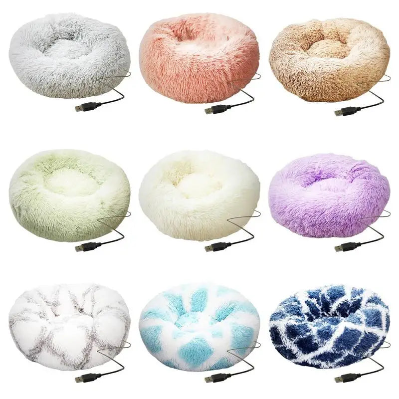 Soft Plush Pet Beds Round USB  Heating Comfortable And Machine Washable
