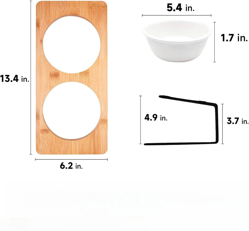 Elevated Cat Ceramic Bowls,15° Tilted Feeding Dishes, Solid Bamboo Water Stand