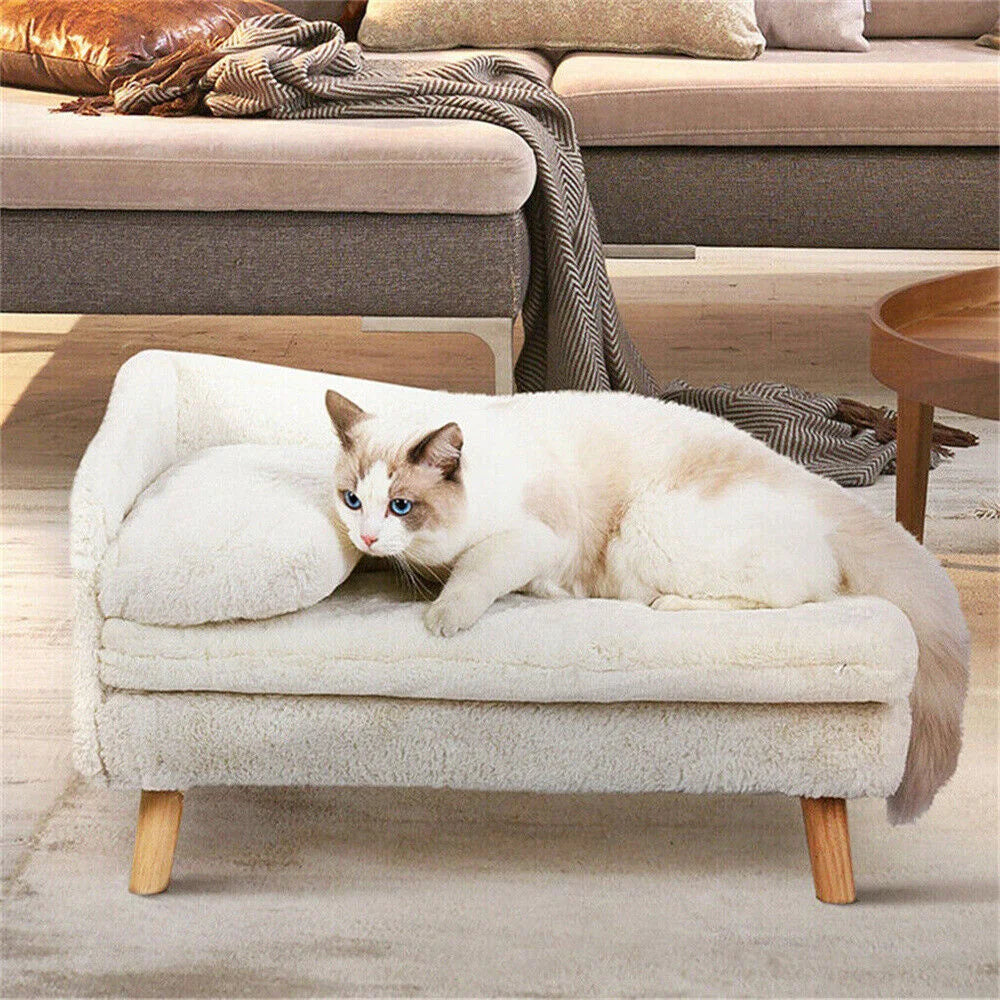 Luxury Elevated Dog Sofa Bed with Backrest Plush Cushion Wooden Legs