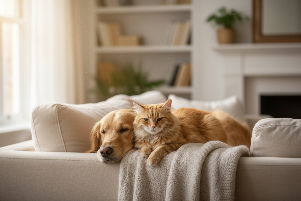 cat and dog on the couch