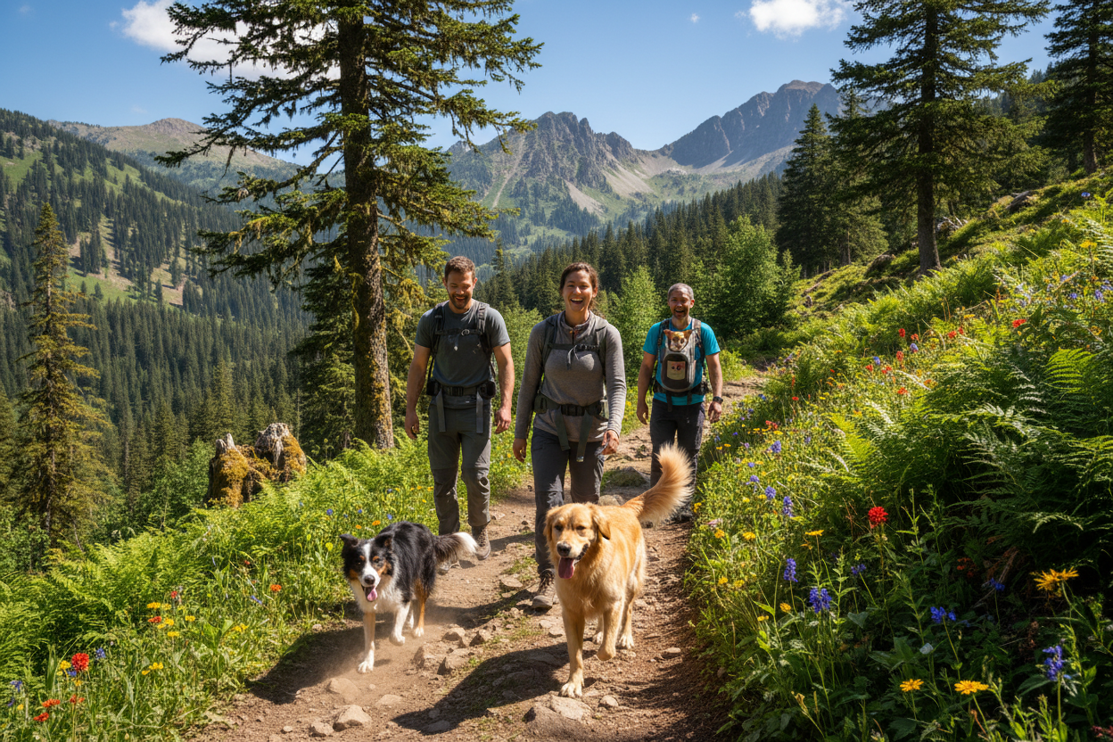 Pets with their owners on a hike